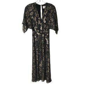 Ba&sh Tee Midi Dress V-Neck Silk Black Gold Metallic Floral Print Size XS